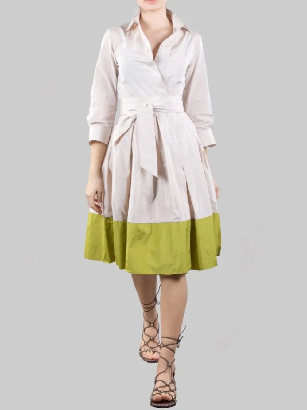 ABITO CHEMISIER ELENA BEIGE E LIME CON CINTURA IN VITA | SARA ROKA New