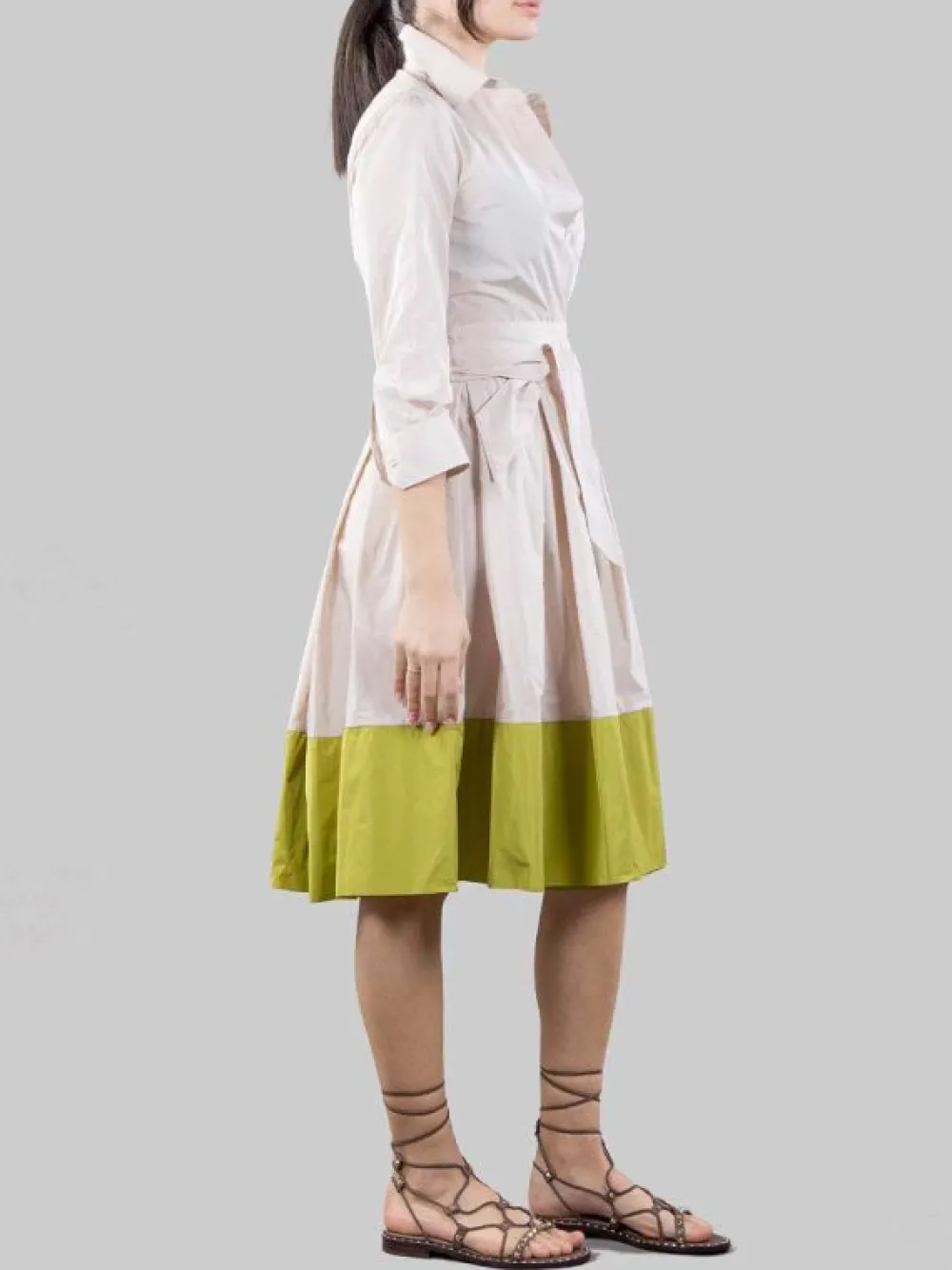 ABITO CHEMISIER ELENA BEIGE E LIME CON CINTURA IN VITA | SARA ROKA New