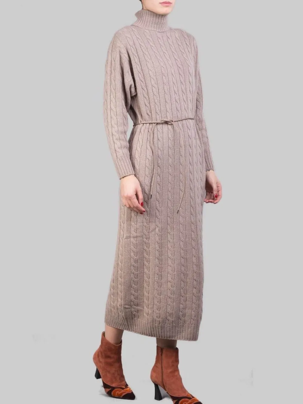 ABITO LUNGO A COLLO ALTO E LUREX IN FILATI PREGIATI CON CINTURA IN VITA | PESERICO Sale