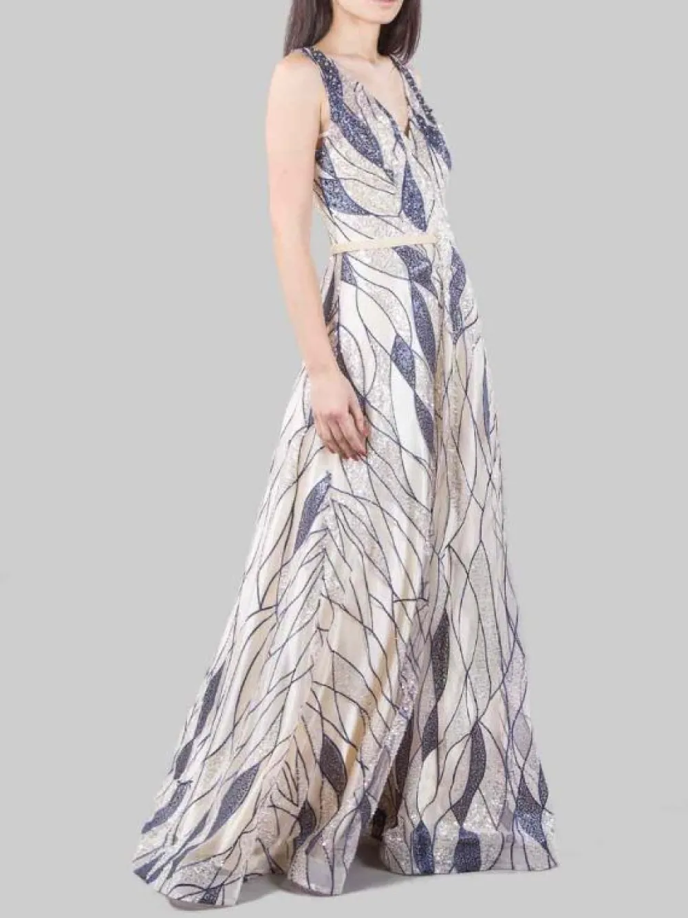 ABITO LUNGO IN TULLE A CON PAILLETTES RICAMATE E CINTURA GIOIELLO | CARLA RUIZ Hot