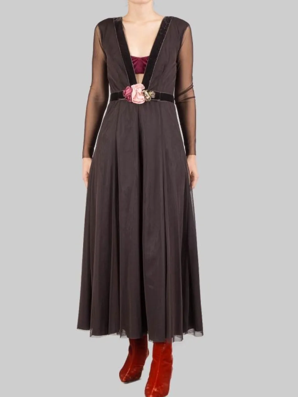 ABITO LUNGO IN TULLE CON CINTURA A FIORI IN VITA | MADAME SHOUSHOU Clearance