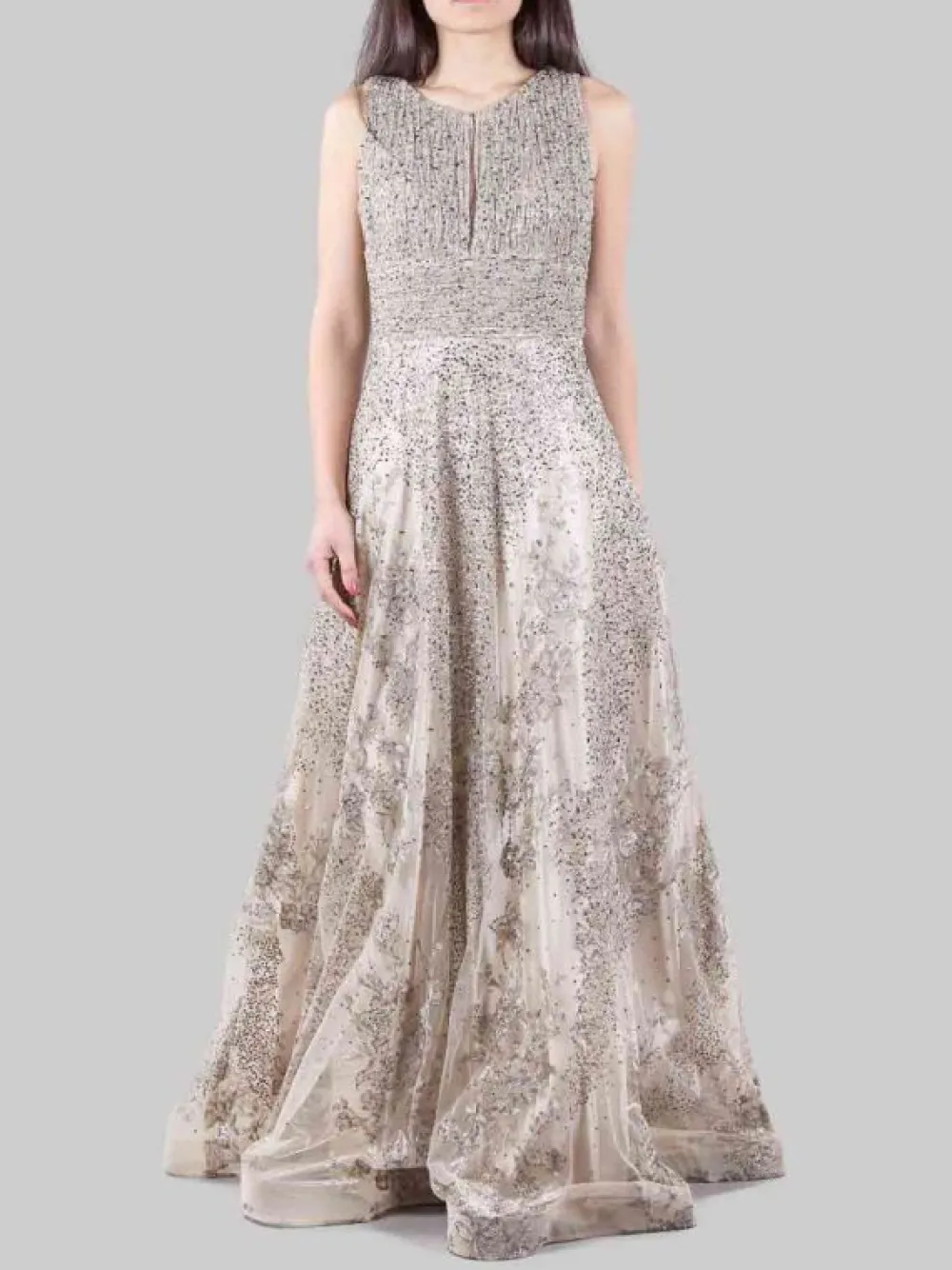 ABITO LUNGO DECORATO CON PERLINE, STRASS E RICAMI IN TESSUTO | CARLA RUIZ Online