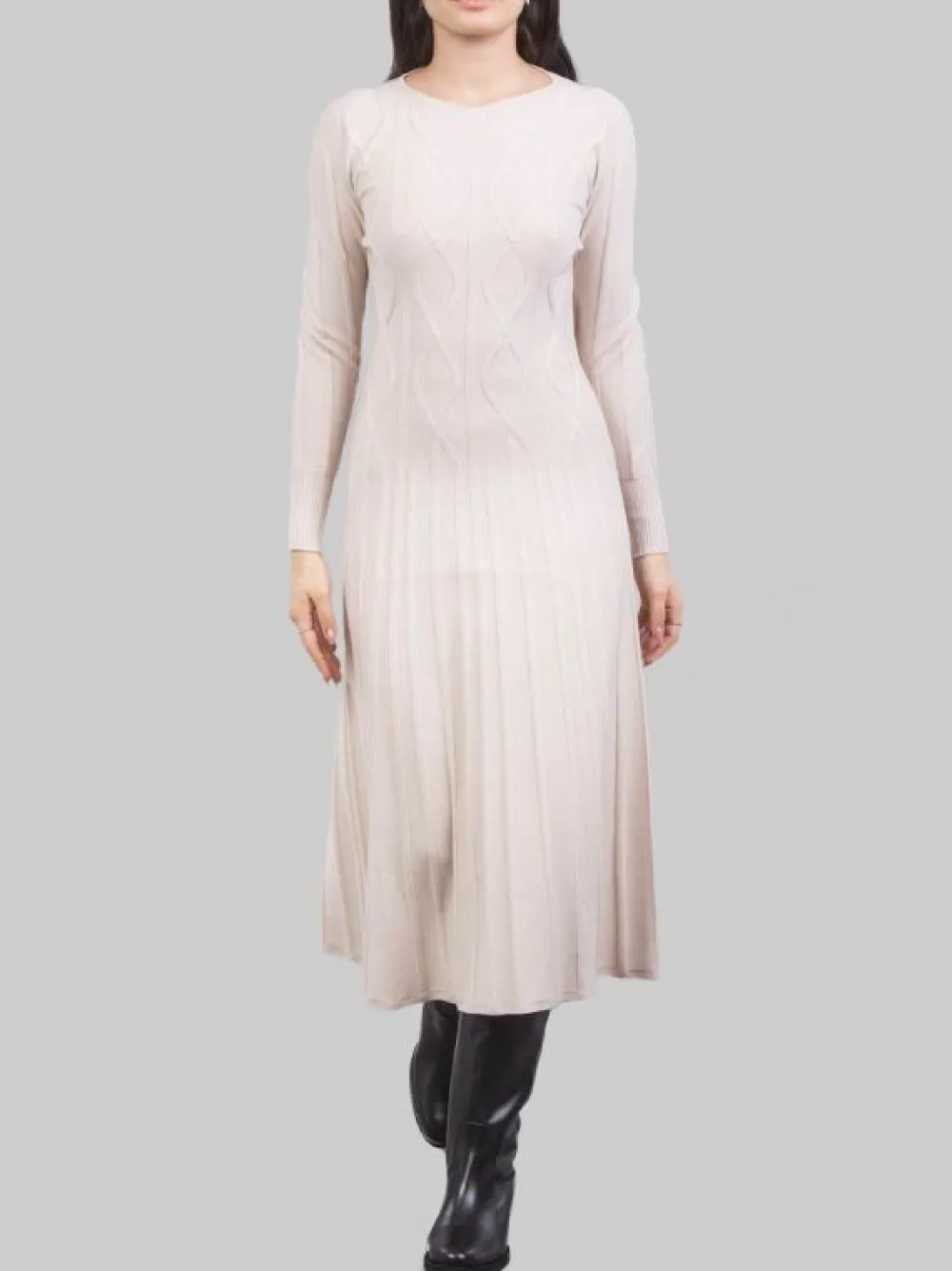 ABITO MIDI IN MAGLIA DI LANA GESSO CON LOSANGHE | D.EXTERIOR Fashion