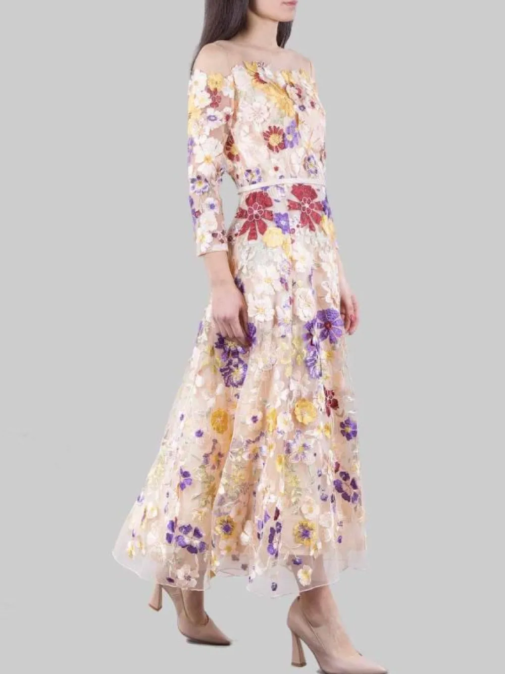 ABITO MIDI IN TULLE RICAMATO CON FIORI MULTICOLORE E MINI CINTURA IN VITA | CARLA RUIZ Best