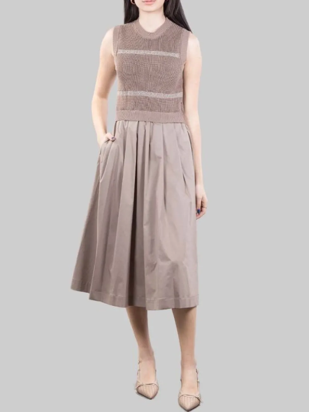 ABITO MIDI SMANICATO TORTORA CON FILI DI PUNTI LUCE | PESERICO Fashion