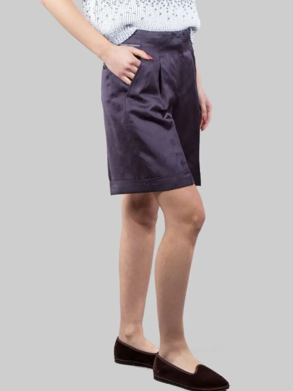 BERMUDA IN MISTO LINO E VISCOSA SCURO CON RISVOLTI | PESERICO Sale