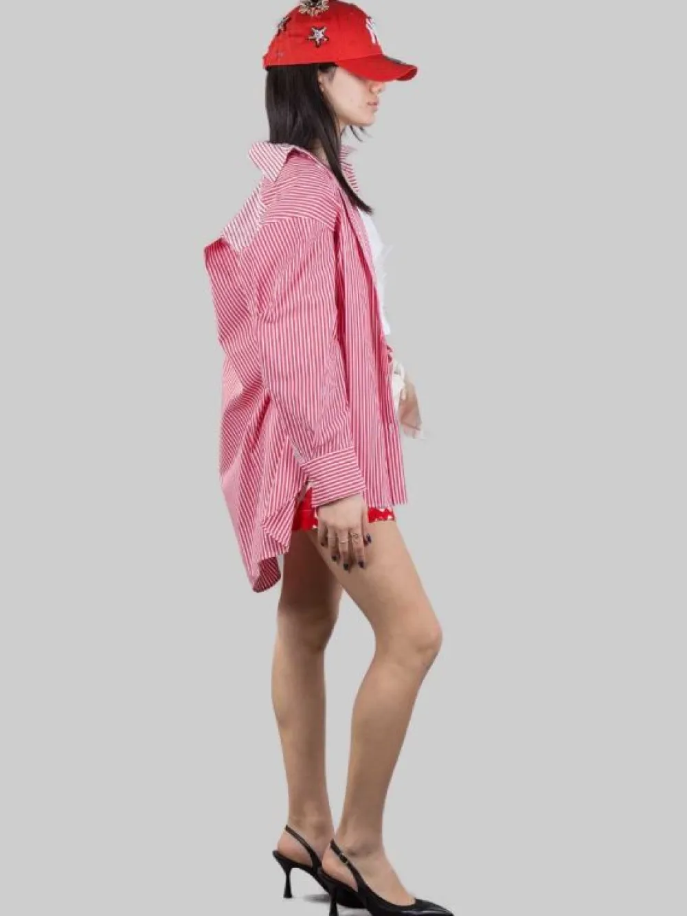CAMICIA LUNGA OVERSIZE IN POPELINE A RIGHE BIANCHE E ROSSE | GINA GORGEOUS Best