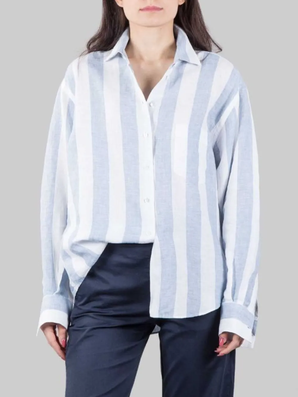 CAMICIA OVERSIZE IN LINO A RIGHE BIANCA E CELESTE | XACUS Online