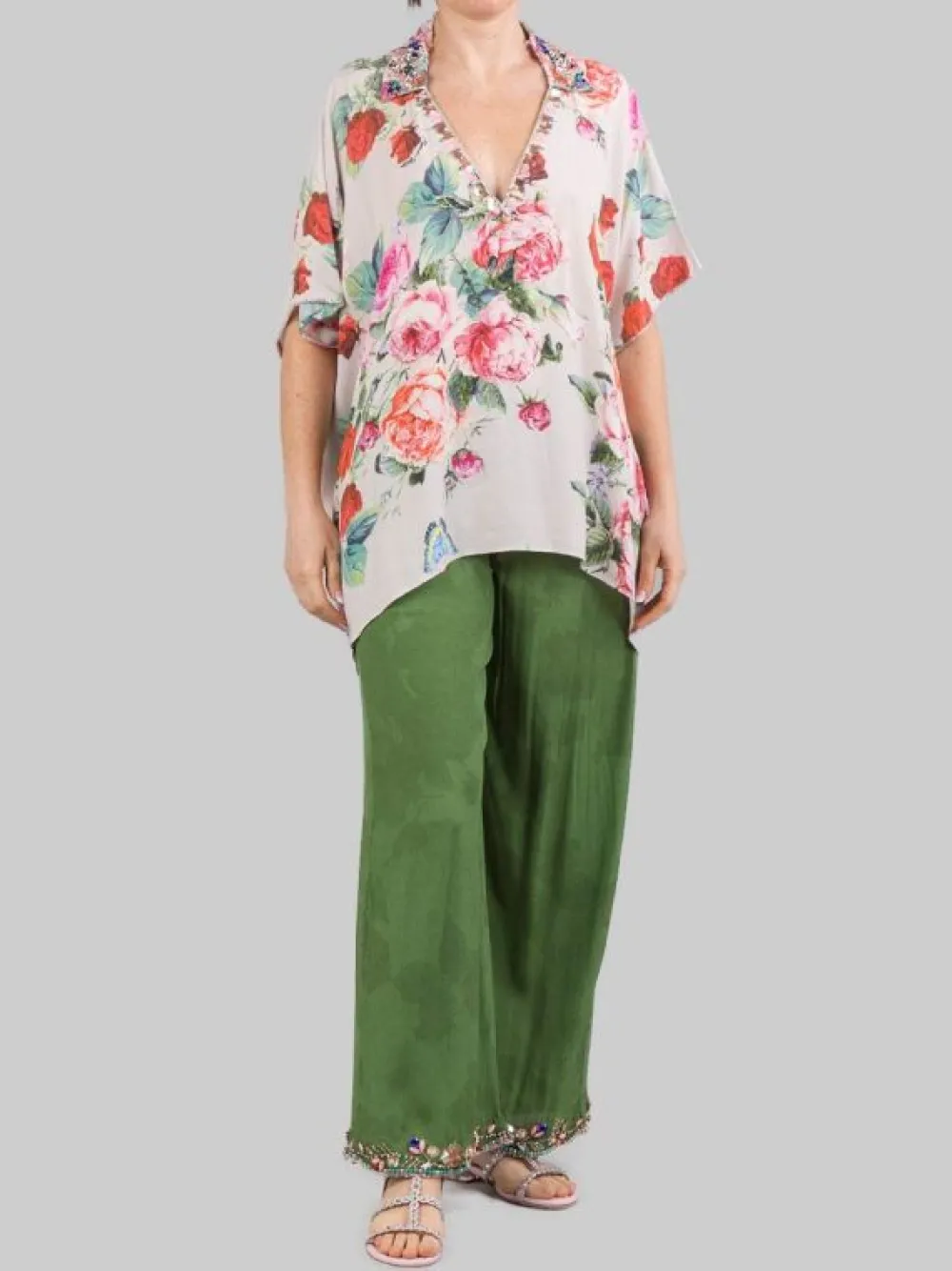 CAMICIA TUNICA A FANTASIA ROSE CON DECORAZIONI IN PERLINE, STRASS E CRISTALLI | MIRIAM STELLA Online