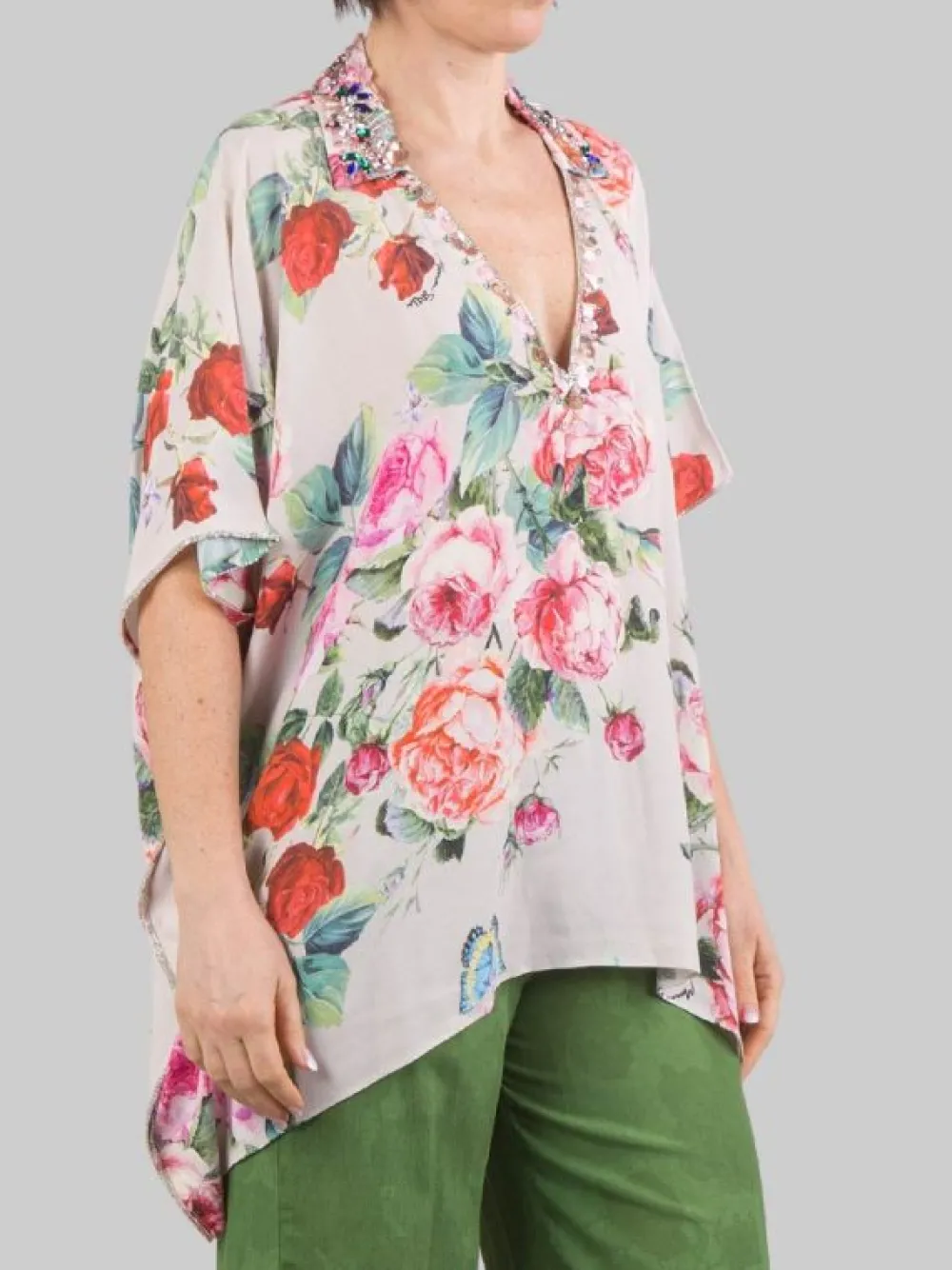 CAMICIA TUNICA A FANTASIA ROSE CON DECORAZIONI IN PERLINE, STRASS E CRISTALLI | MIRIAM STELLA Online