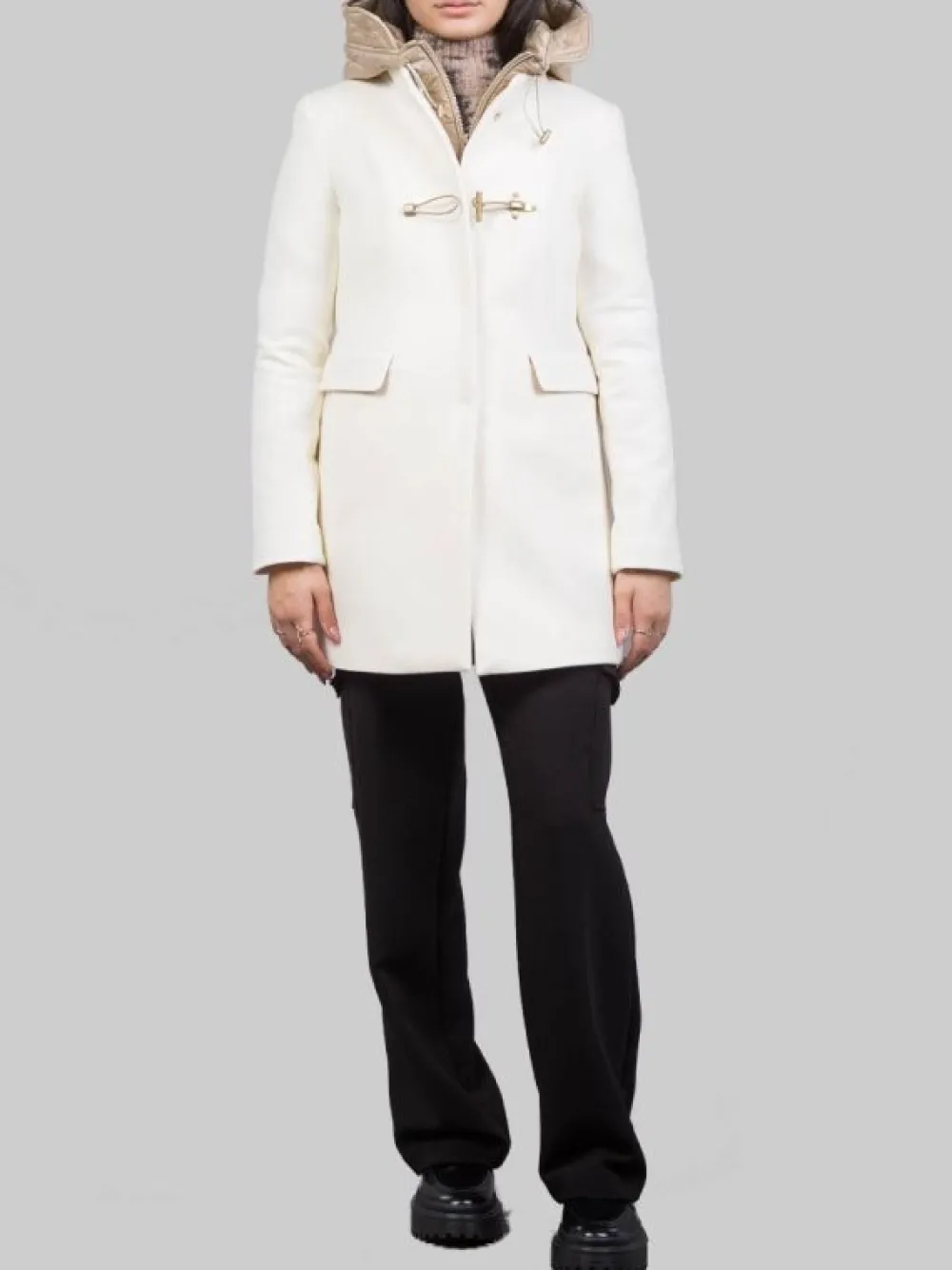 CAPPOTTO TOGGLE IN LANA E TESSUTO TECNICO BIANCO CON CAPPUCCIO | FAY Discount