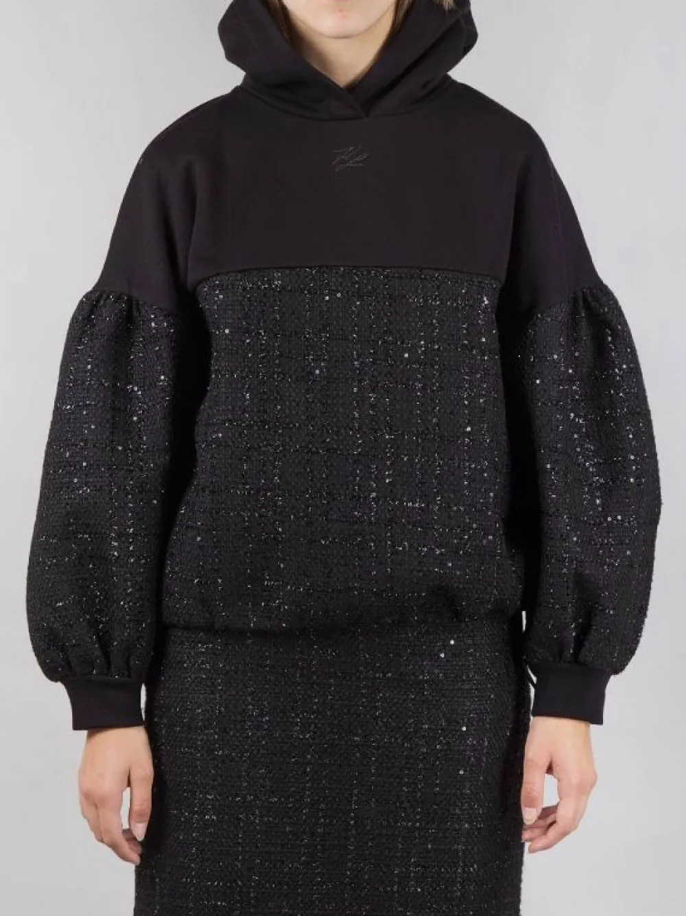 FELPA CON CAPPUCCIO IN COTONE E TWEED BOUCLÉ | KARL LAGERFELD Clearance