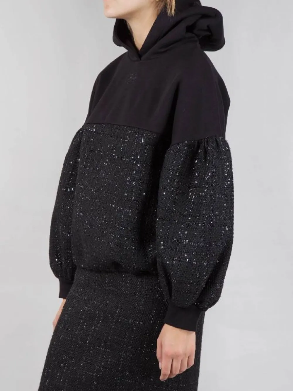 FELPA CON CAPPUCCIO IN COTONE E TWEED BOUCLÉ | KARL LAGERFELD Clearance