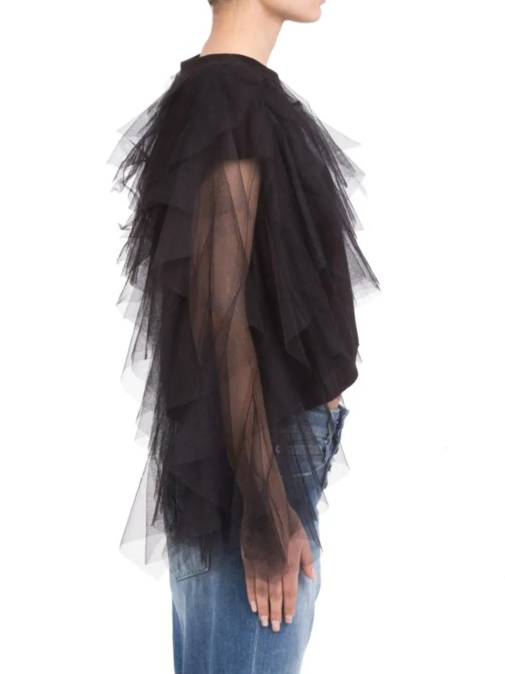 FELPA GIROCOLLO NERA IN COTONE CON MANICHE DECORATE IN TULLE | ANIYE BY Best