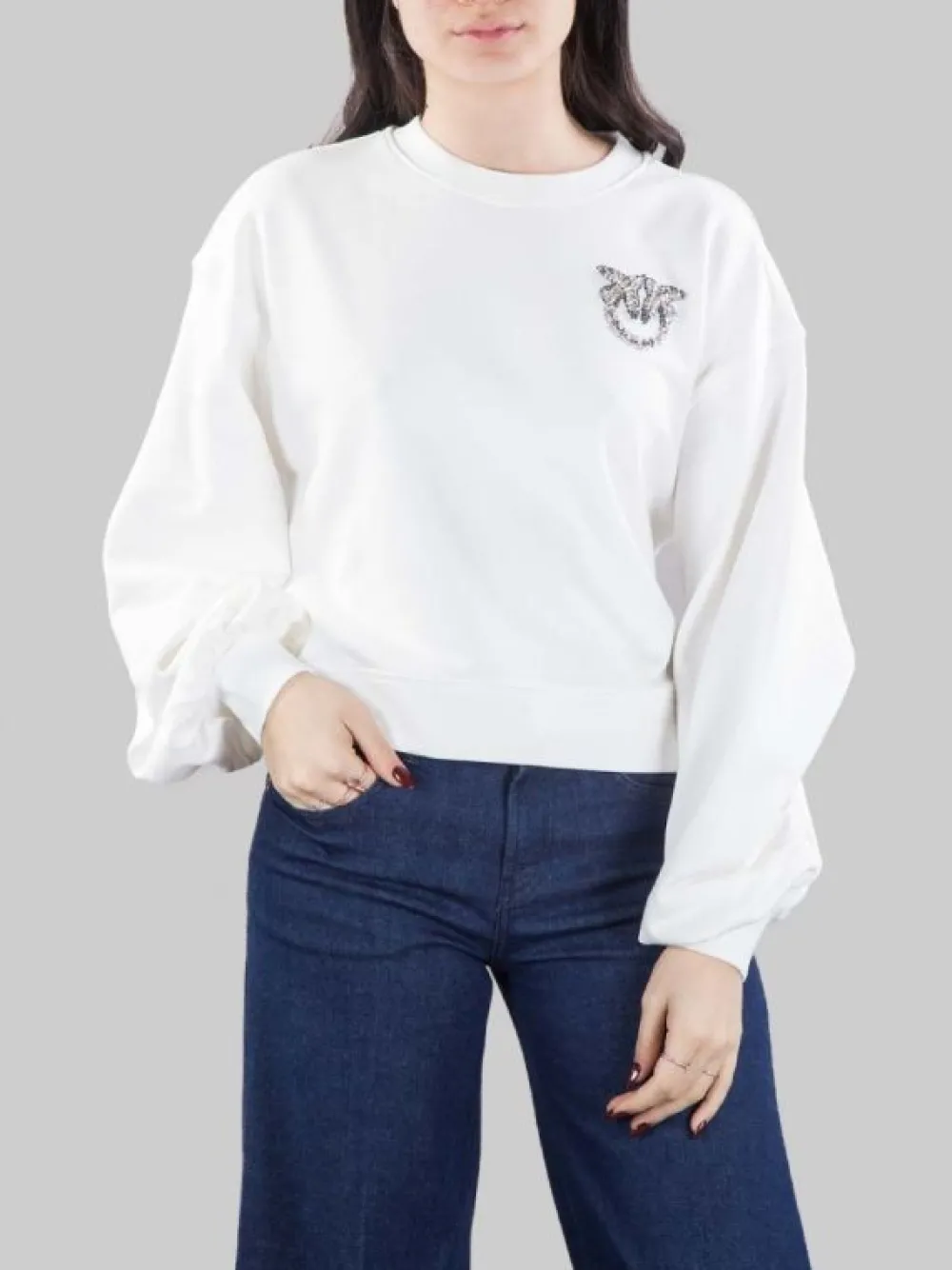 FELPA GIROCOLLO OVERSIZE CON LOGO IN STRASS E PERLINE | PINKO Fashion