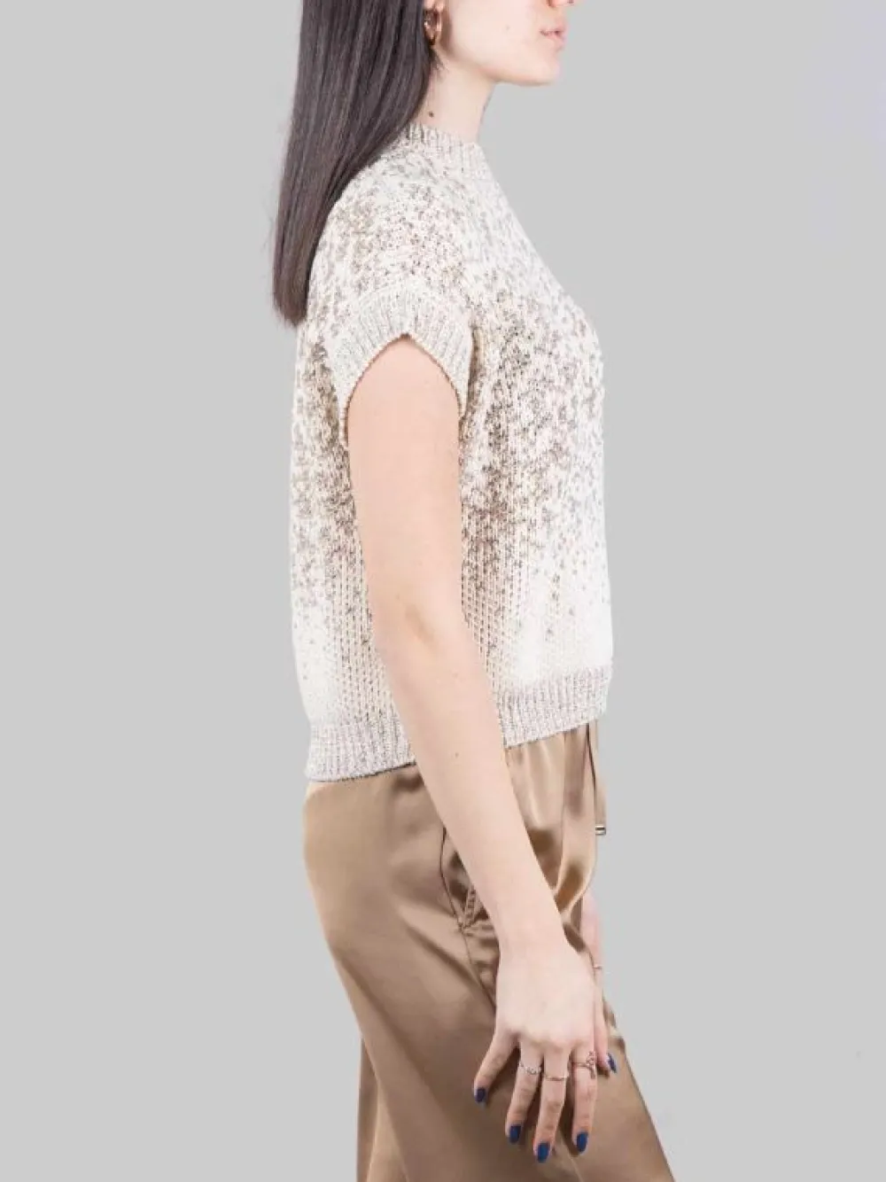 GILET GIROCOLLO BIANCO E BEIGE CON MICRO PAILLETTES RICAMATE | PESERICO Sale