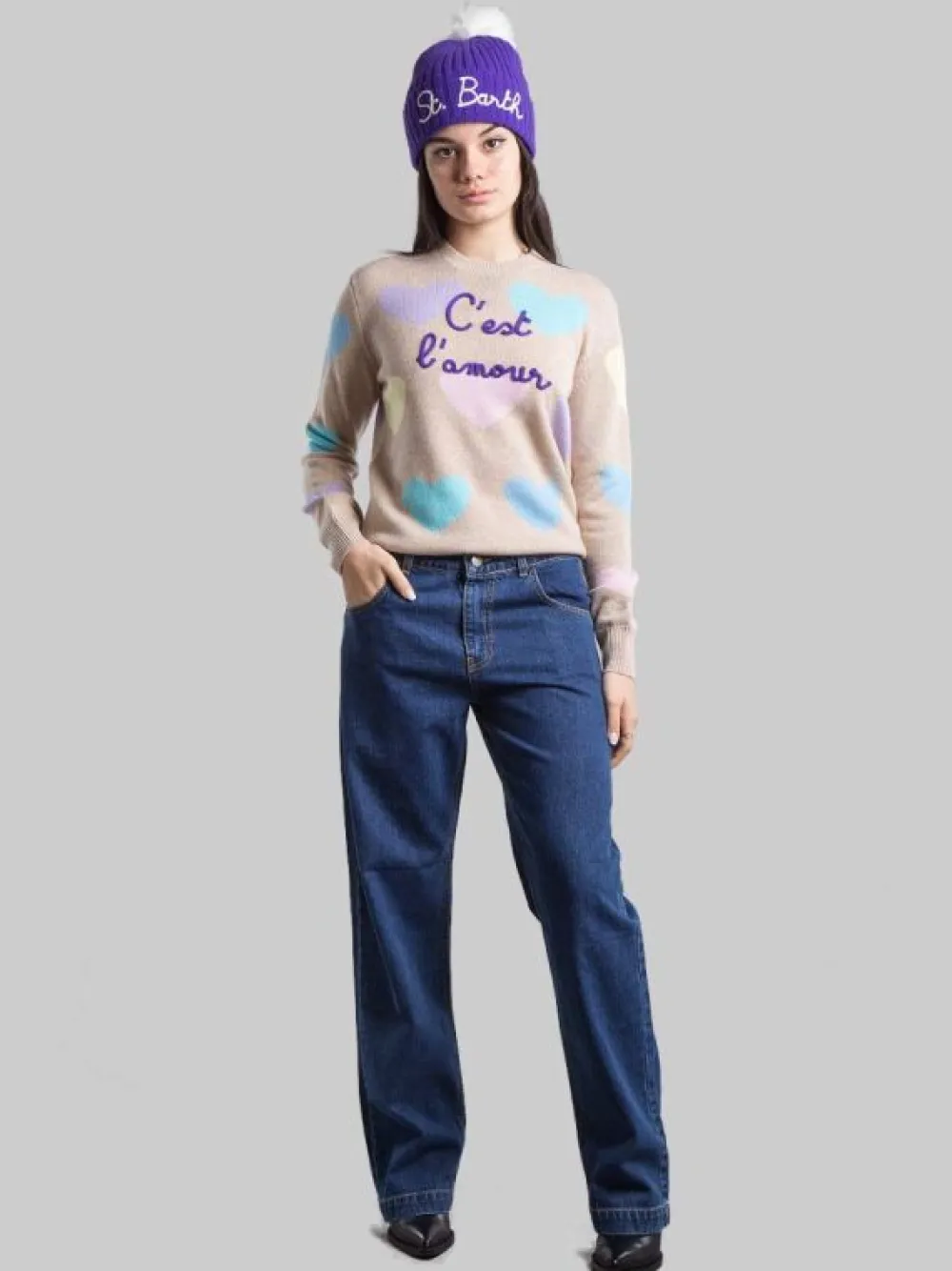 MAGLIA GIROCOLLO CON GRAFICA "C'EST L'AMOUR" E CUORI | MC2 SAINT BARTH Sale
