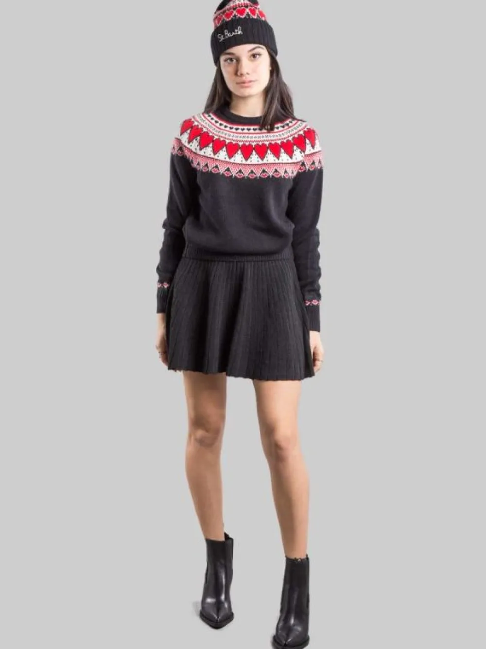 MAGLIA PULLOVER IN STILE NORDICO NERA A FANTASIA CUORI | MC2 SAINT BARTH New