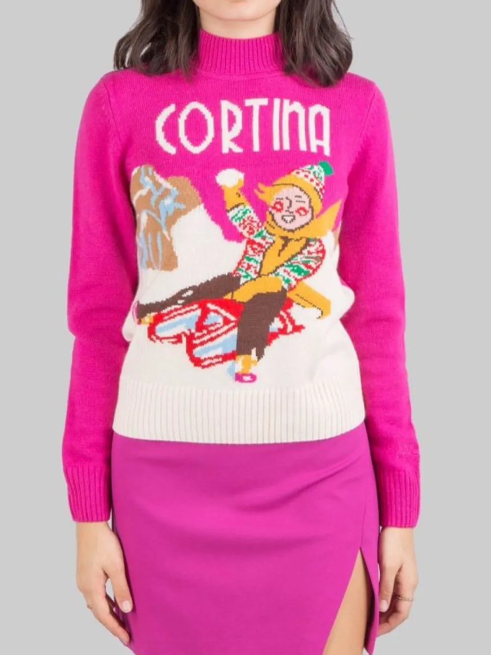 MAGLIONE CON COLLO A LUPETTO FUCSIA CON GRAFICA "CORTINA" | MC2 SAINT BARTH Best