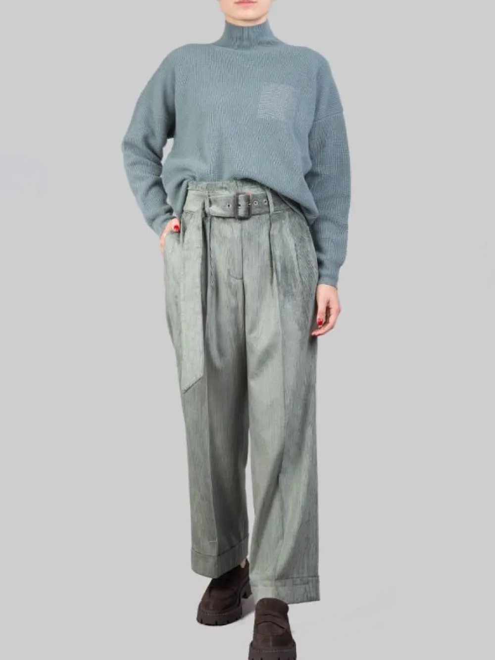 PANTALONI A VITA ALTA CON CINTURA IN VELLUTO ZINCO A COSTE | PESERICO Sale