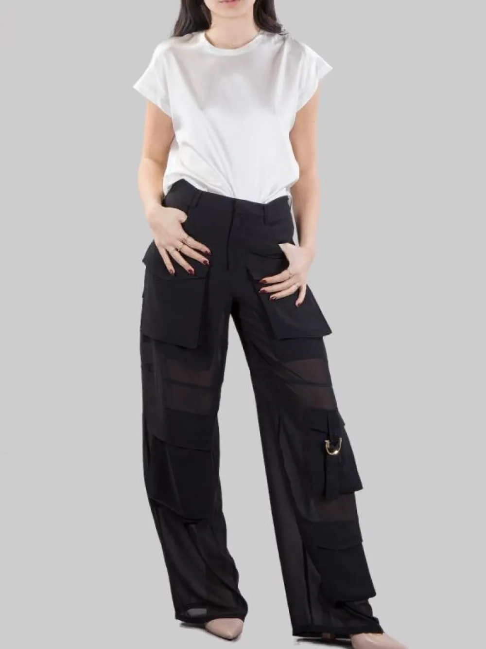 PANTALONI CAMPOFIORIN CARGO NERI IN GEORGETTE CON TRASPARENZE | PINKO New