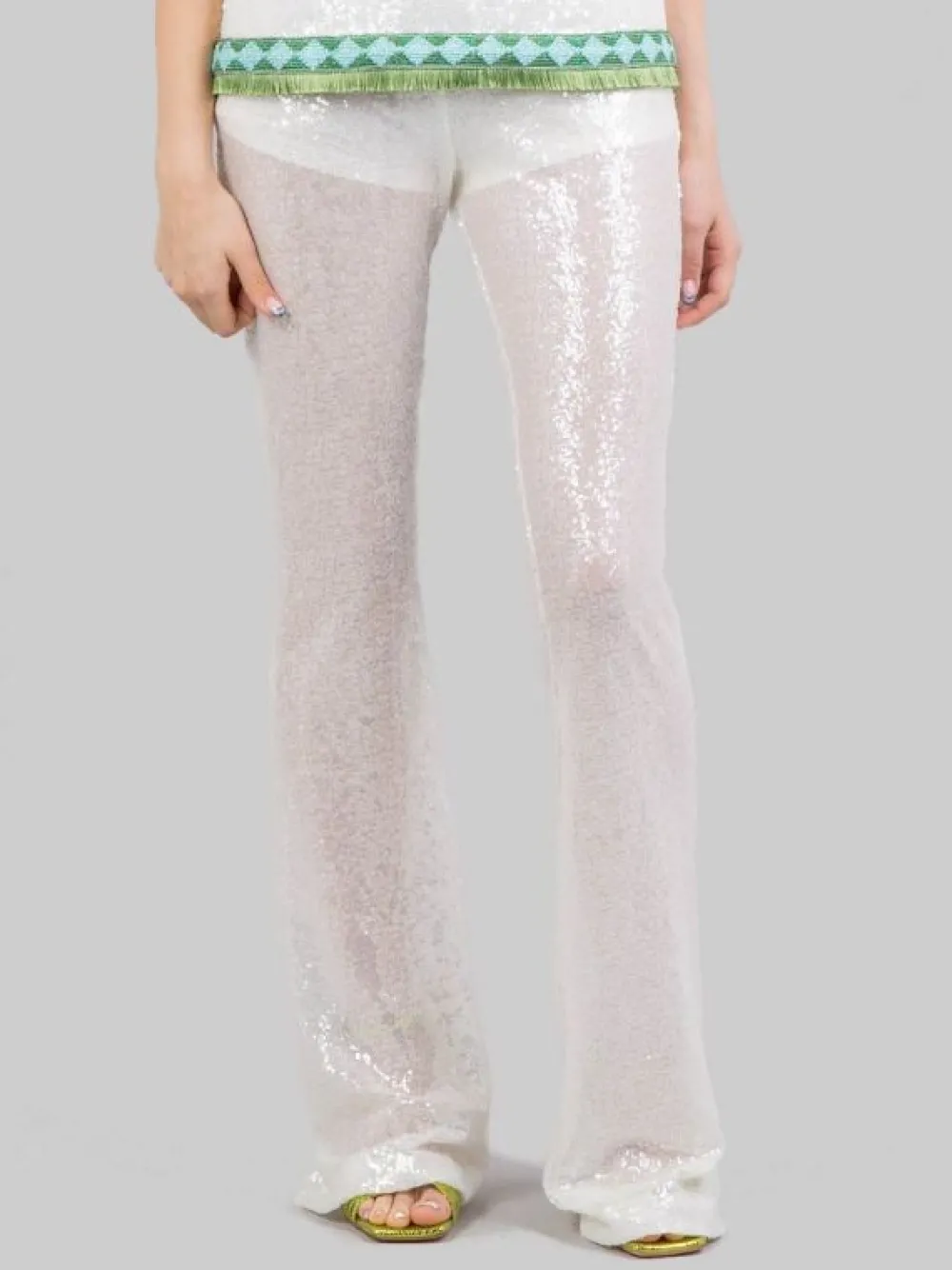 PANTALONI FLARE BIANCHI REALIZZATI CON MICRO PAILLETTES RICAMATE | PHO FIRENZE Online