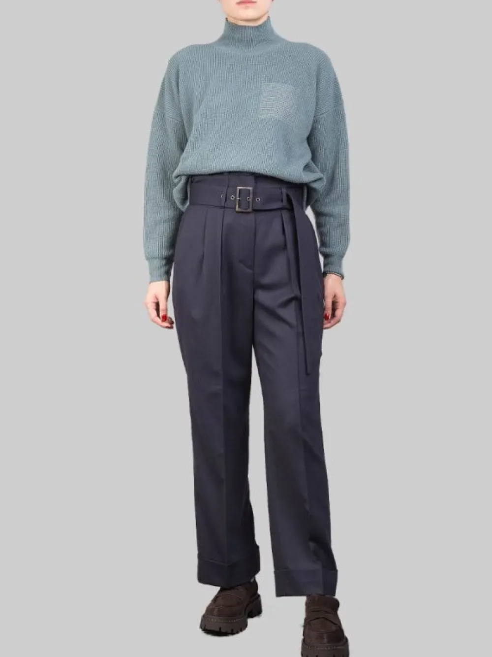 PANTALONI IN MISTO LANA A VITA ALTA CON PINCES E CINTURA IN VITA | PESERICO Sale