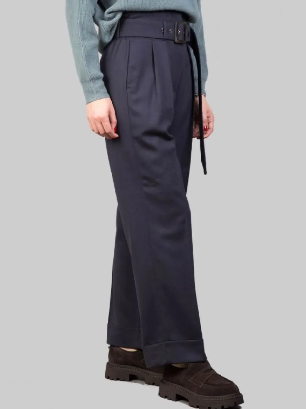 PANTALONI IN MISTO LANA A VITA ALTA CON PINCES E CINTURA IN VITA | PESERICO Sale