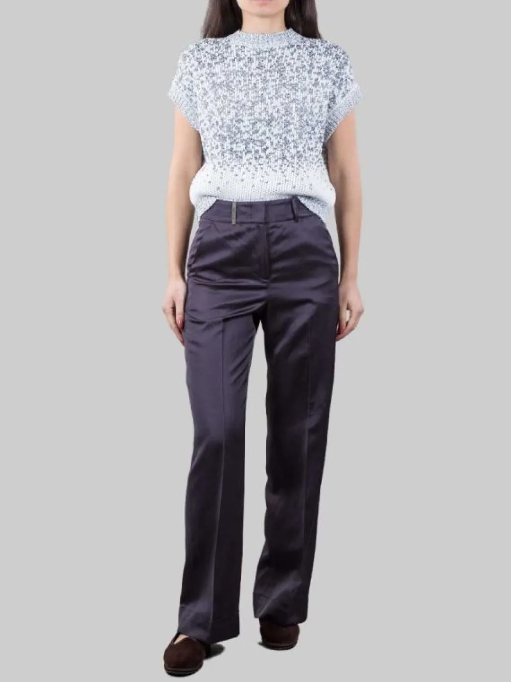 PANTALONI IN MISTO LINO E VISCOSA SCURO CON RISVOLTI AL FONDO | PESERICO Online
