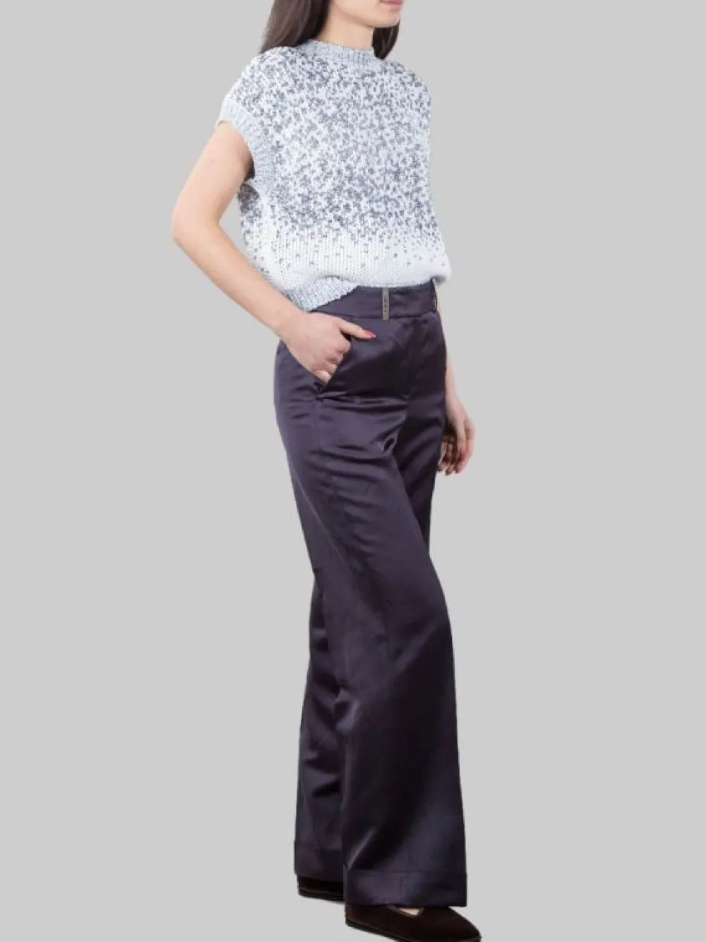 PANTALONI IN MISTO LINO E VISCOSA SCURO CON RISVOLTI AL FONDO | PESERICO Online