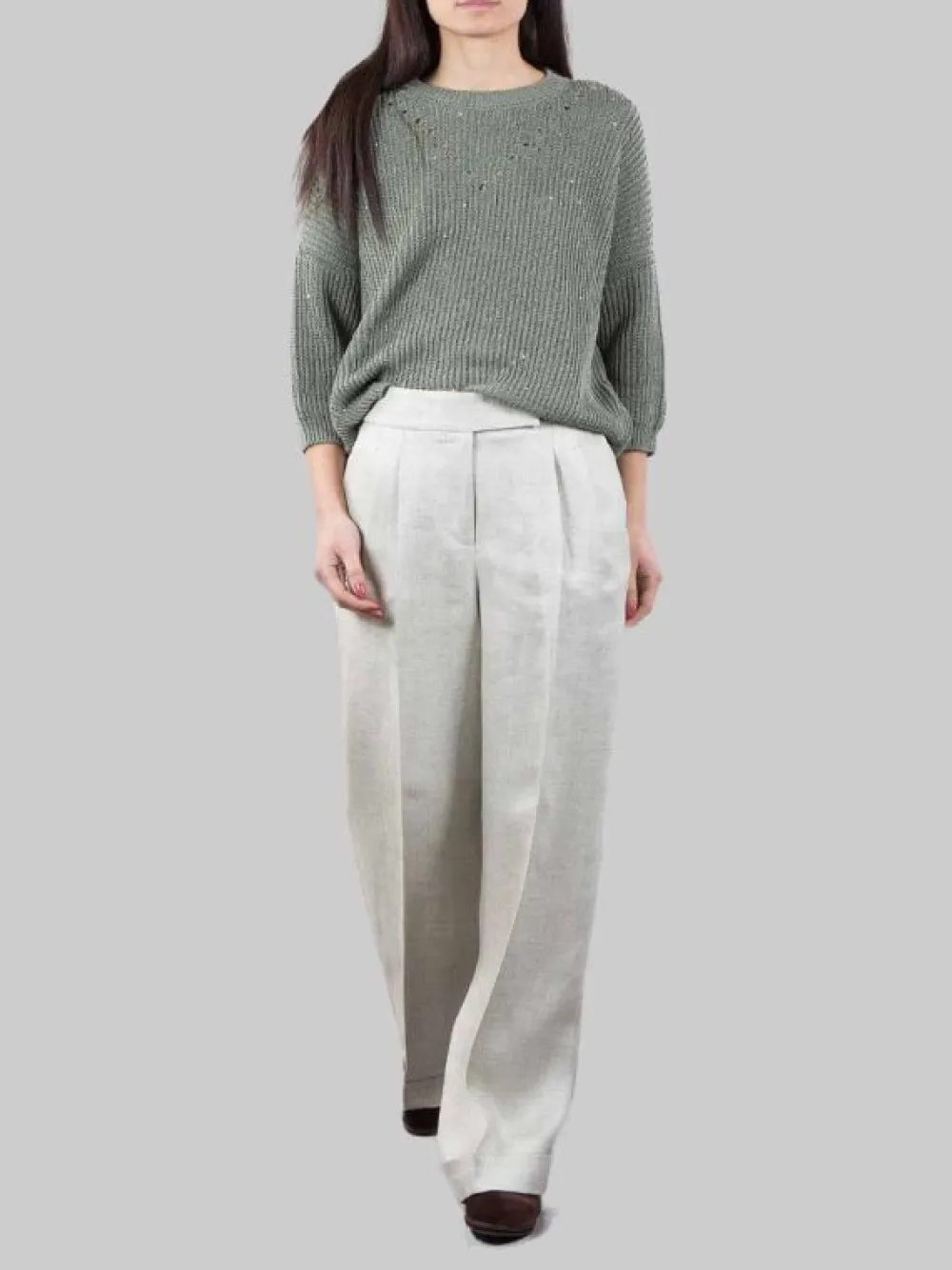 PANTALONI IN MISTO LINO VERDE SALVIA CON RISVOLTI AL FONDO | PESERICO Best