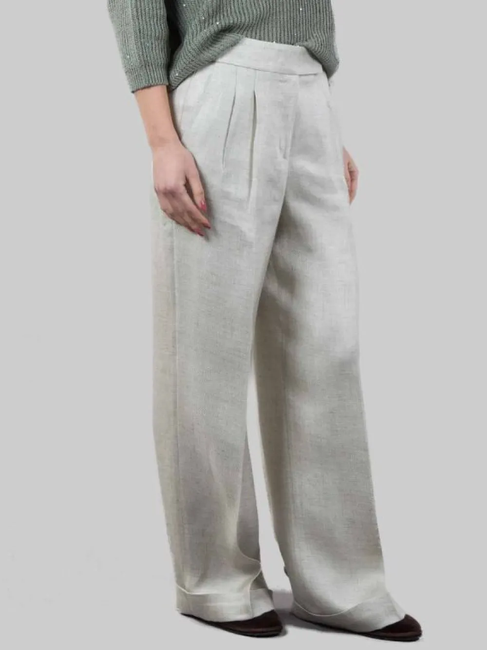 PANTALONI IN MISTO LINO VERDE SALVIA CON RISVOLTI AL FONDO | PESERICO Best