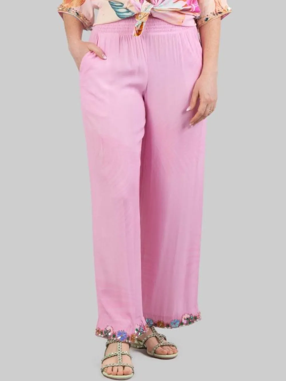 PANTALONI IN MISTO SETA CON DECORAZIONI IN PERLINE, STRASS E PIETRE COLORATE | MIRIAM STELLA New