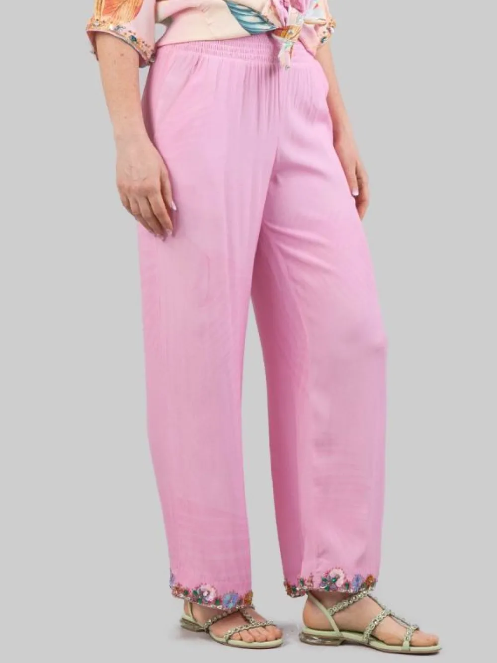 PANTALONI IN MISTO SETA CON DECORAZIONI IN PERLINE, STRASS E PIETRE COLORATE | MIRIAM STELLA New