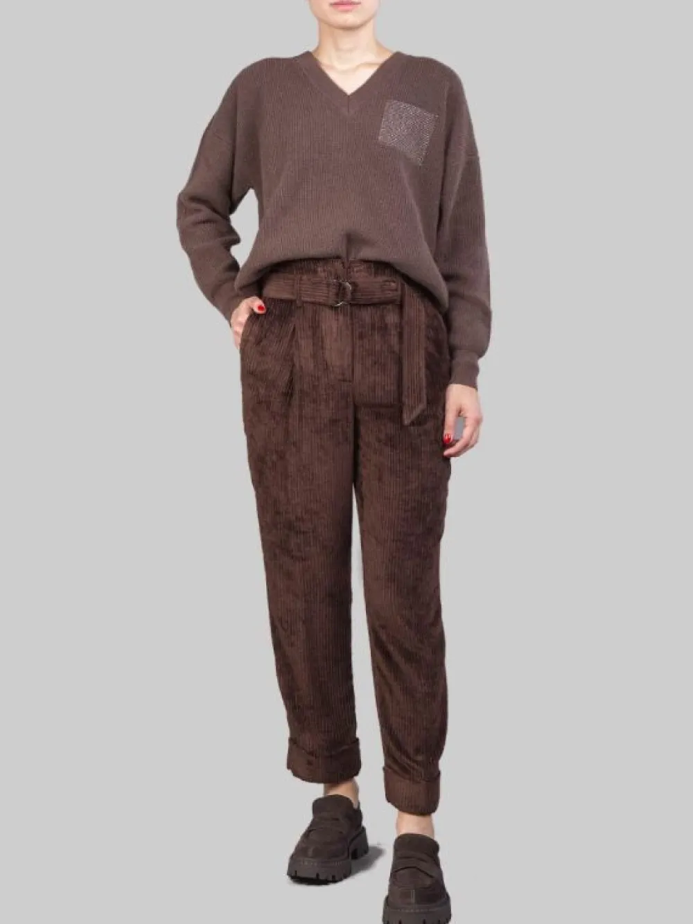 PANTALONI IN VELLUTO A COSTE MARRONI CON CINTURA IN VITA | PESERICO Fashion
