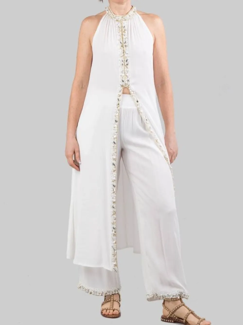 PANTALONI PALAZZO BIANCHI CON DECORAZIONI IN PERLINE, STRASS E PERLE | MIRIAM STELLA New
