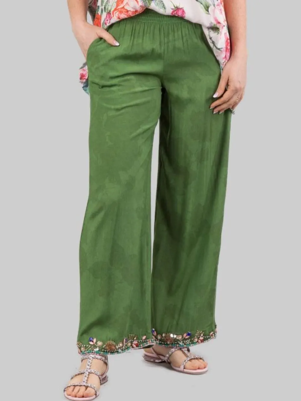 PANTALONI PALAZZO VERDI CON DECORAZIONI IN PERLINE, STRASS E PIETRE COLORATE | MIRIAM STELLA Sale