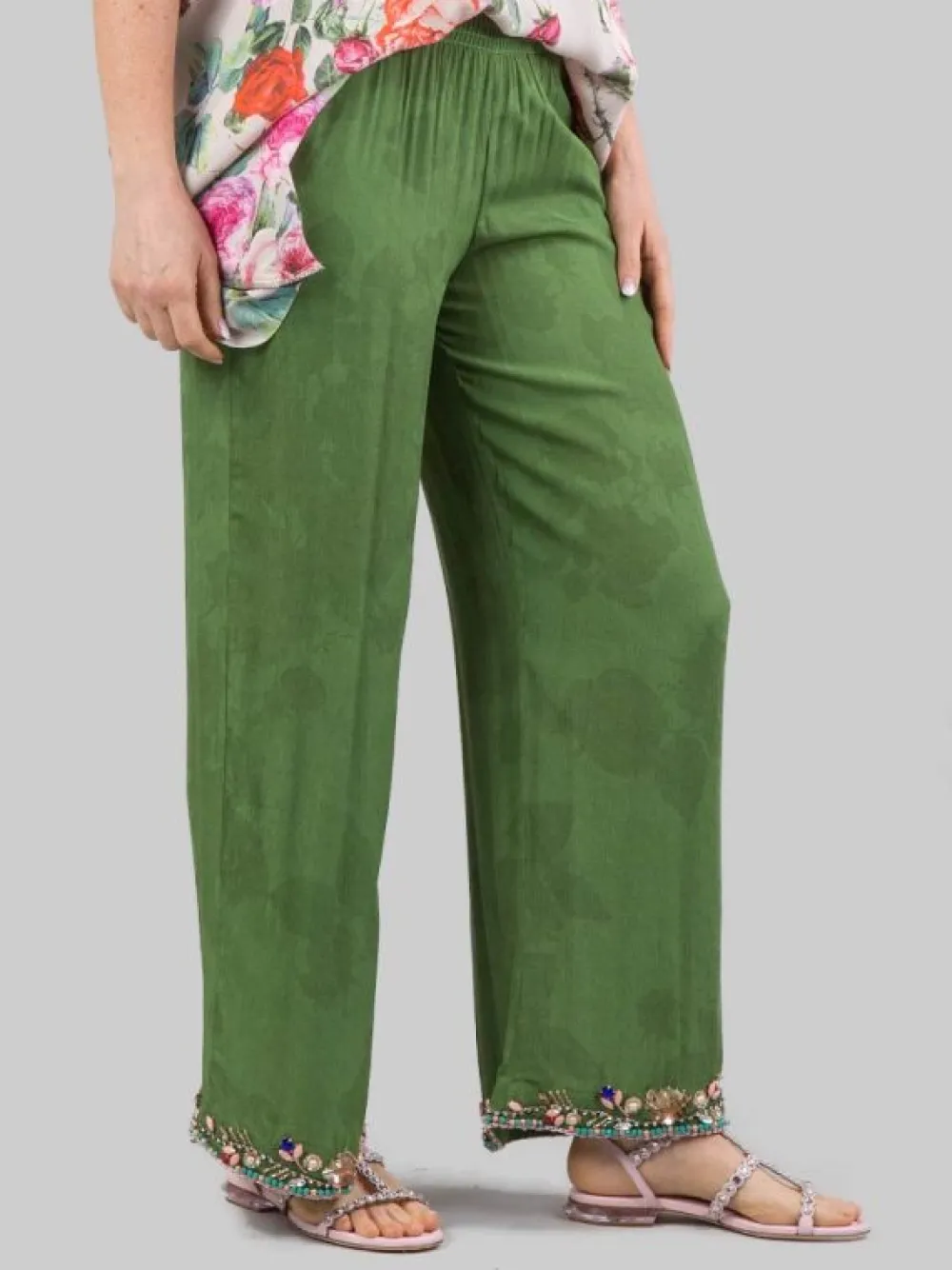 PANTALONI PALAZZO VERDI CON DECORAZIONI IN PERLINE, STRASS E PIETRE COLORATE | MIRIAM STELLA Sale