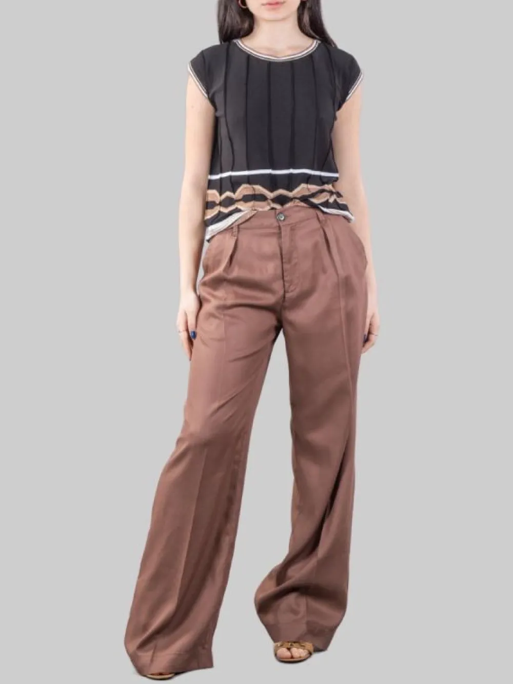 PANTALONI WIDE LEG A VITA ALTA MARRONI IN MORBIDO LYOCELL CON PINCES | PINKO Best