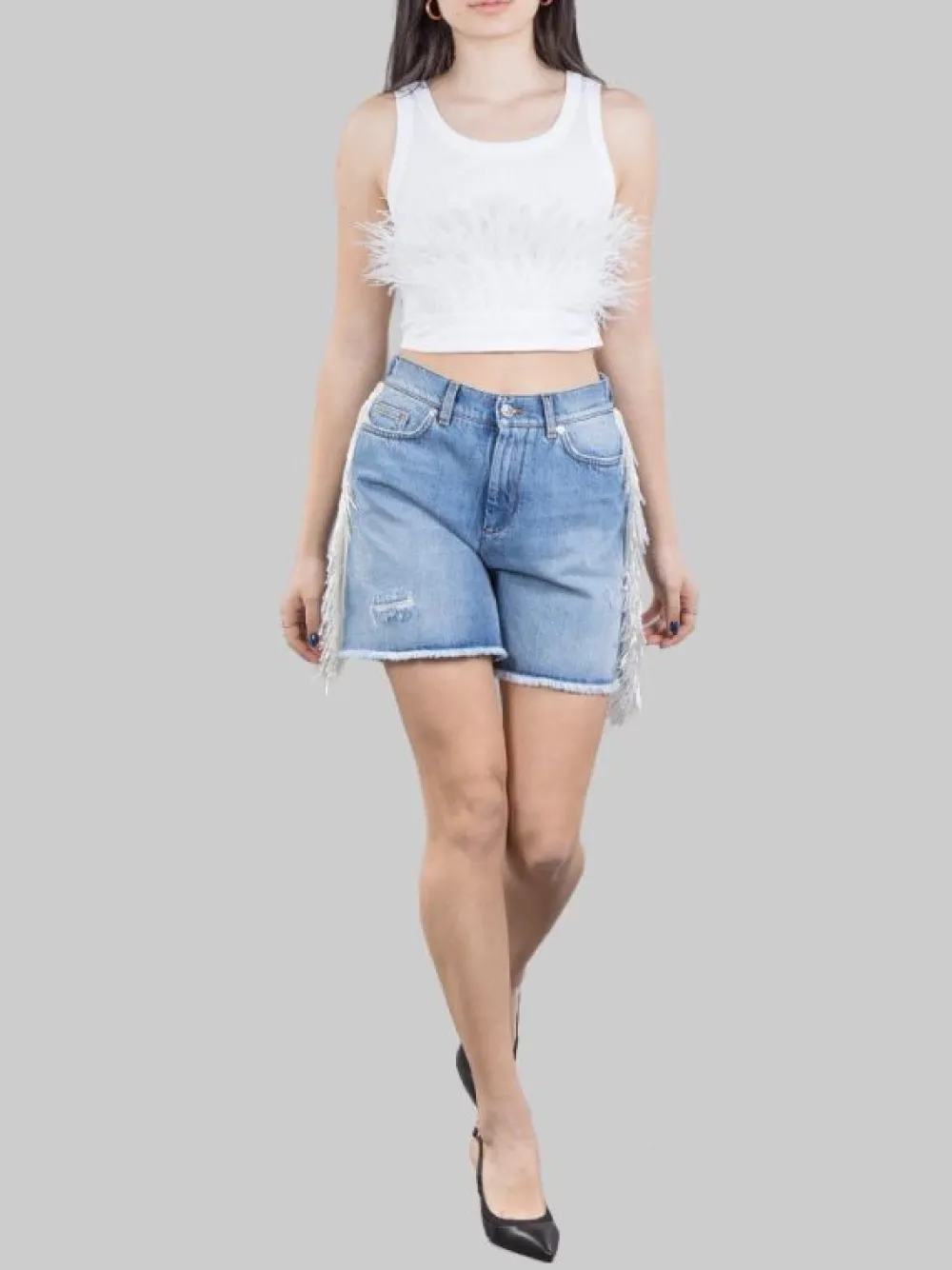 SHORTS IN DENIM CARLIE CON FRANGE IN PERLINE | I LOVE MP Clearance