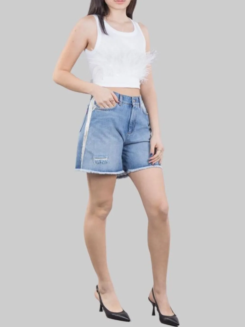 SHORTS IN DENIM CARLIE CON FRANGE IN PERLINE | I LOVE MP Clearance