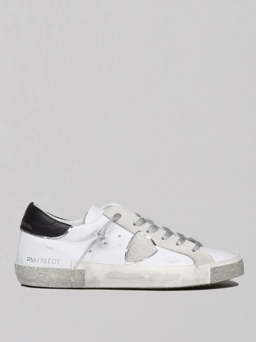 SNEAKER IN PELLE PRSX LOW WOMAN BIANCHE EFFETTO VINTAGE CON GLITTER ARGENTO | PHILIPPE MODEL PARIS Hot