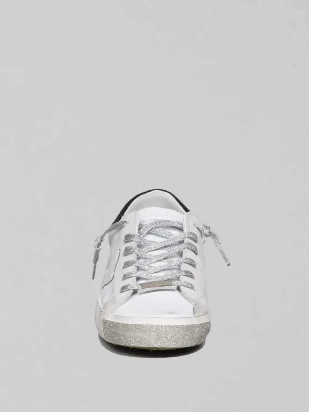 SNEAKER IN PELLE PRSX LOW WOMAN BIANCHE EFFETTO VINTAGE CON GLITTER ARGENTO | PHILIPPE MODEL PARIS Hot