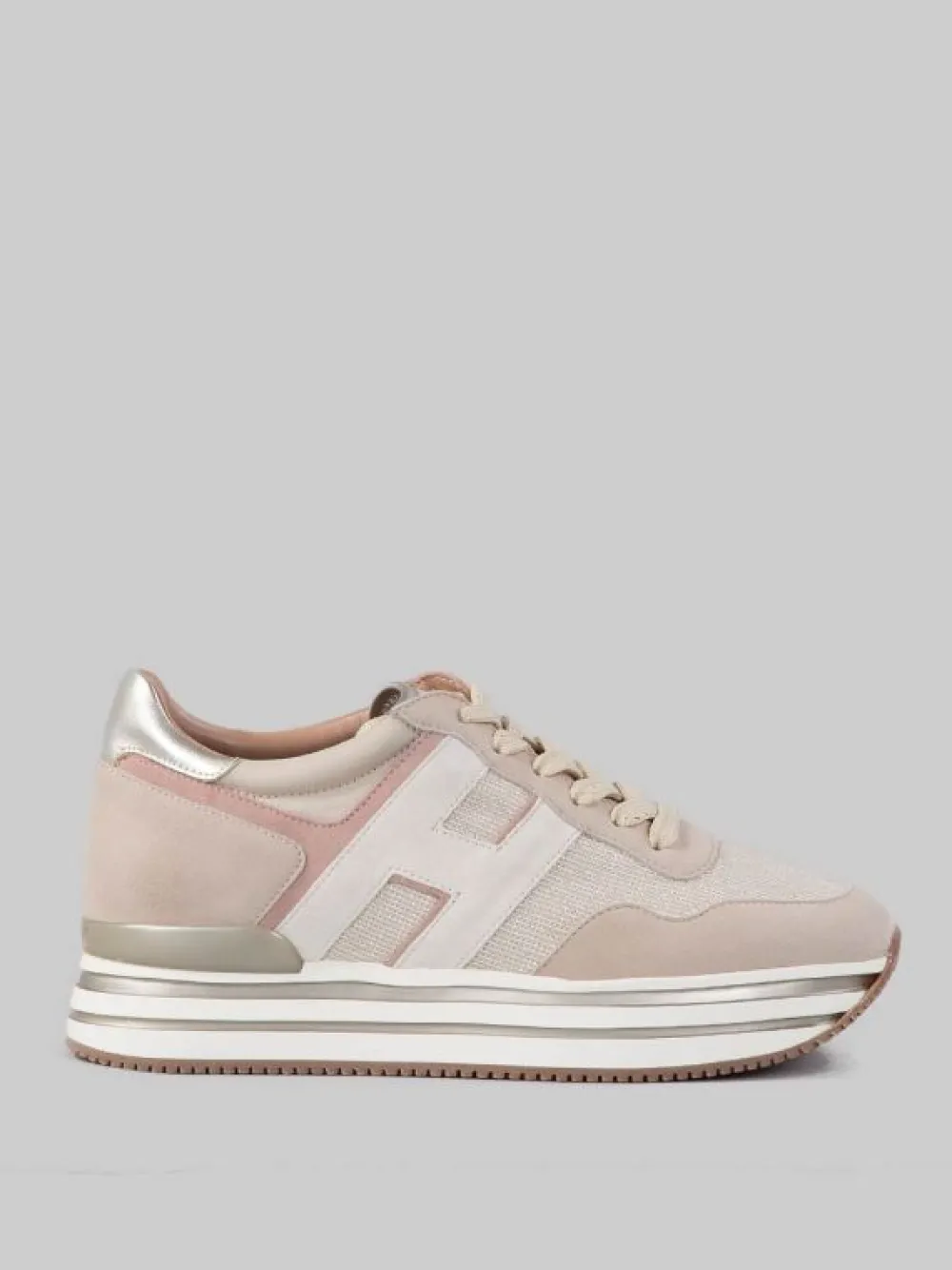 SNEAKER MIDI H222 IN PELLE SCAMOSCIATA BEIGE, ROSA E CON TELA TECNICA MISTO LUREX | HOGAN Best
