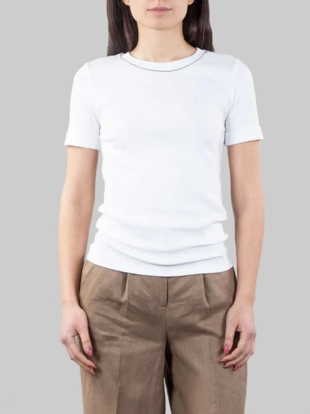 T-SHIRT BIANCA GIROCOLLO CON DETTAGLIO FILO DI PUNTI LUCE | PESERICO Best