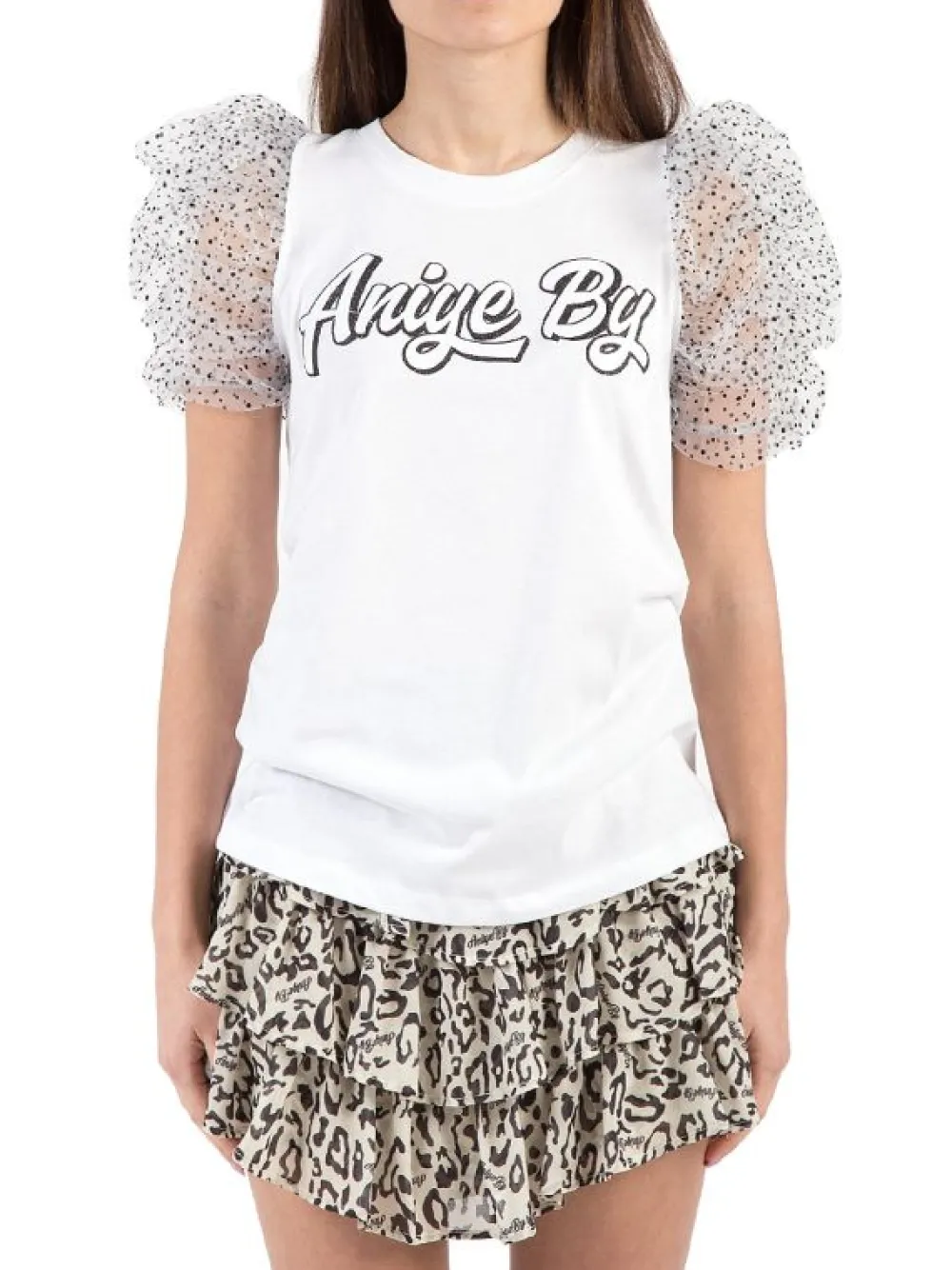 T-SHIRT BIANCA IN COTONE CON MANICHE IN TULLE A POIS | ANIYE BY Hot