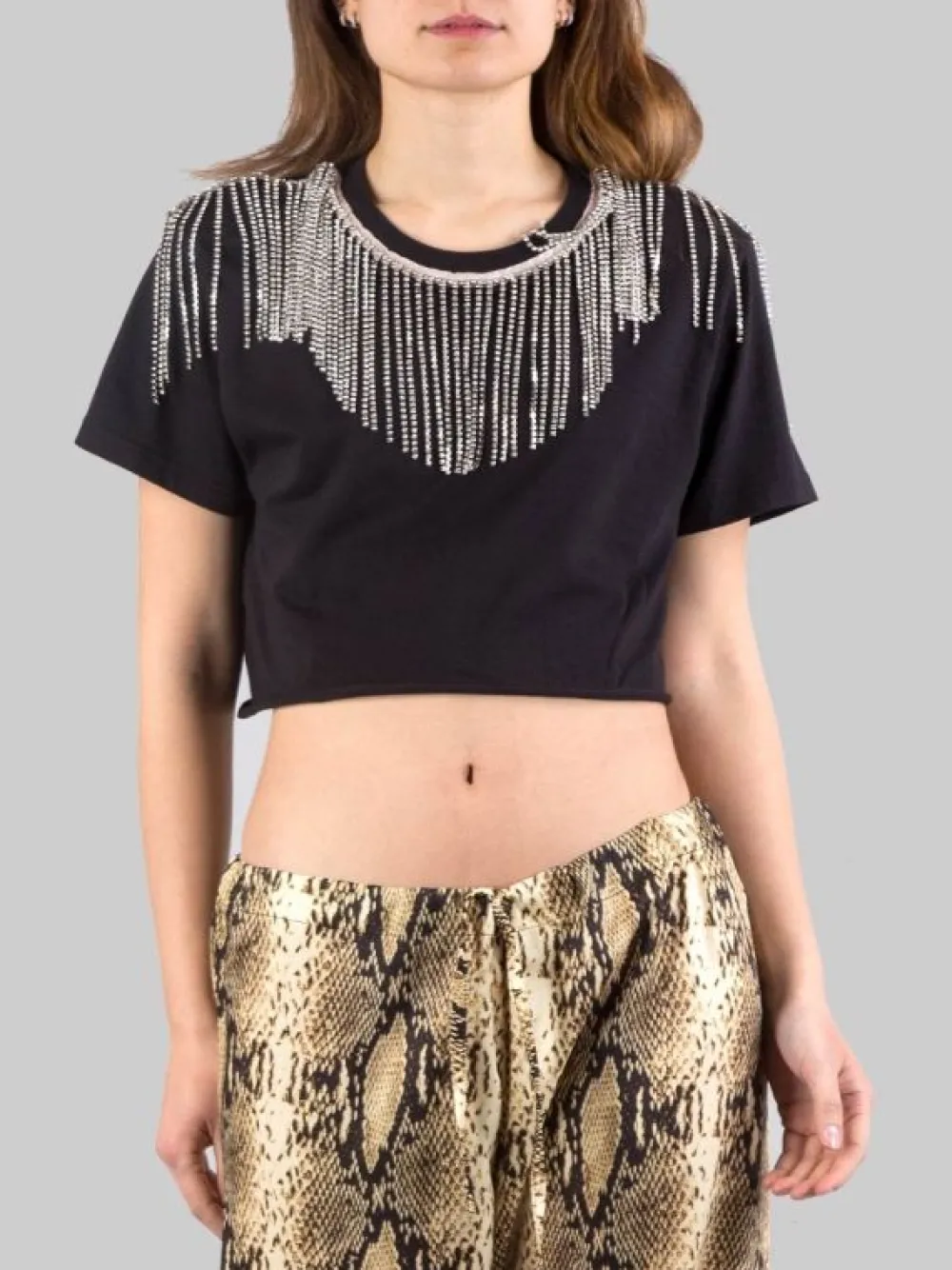 T-SHIRT CORTA NERA CON FRANGE DI STRASS | 5 PROGRESS Online