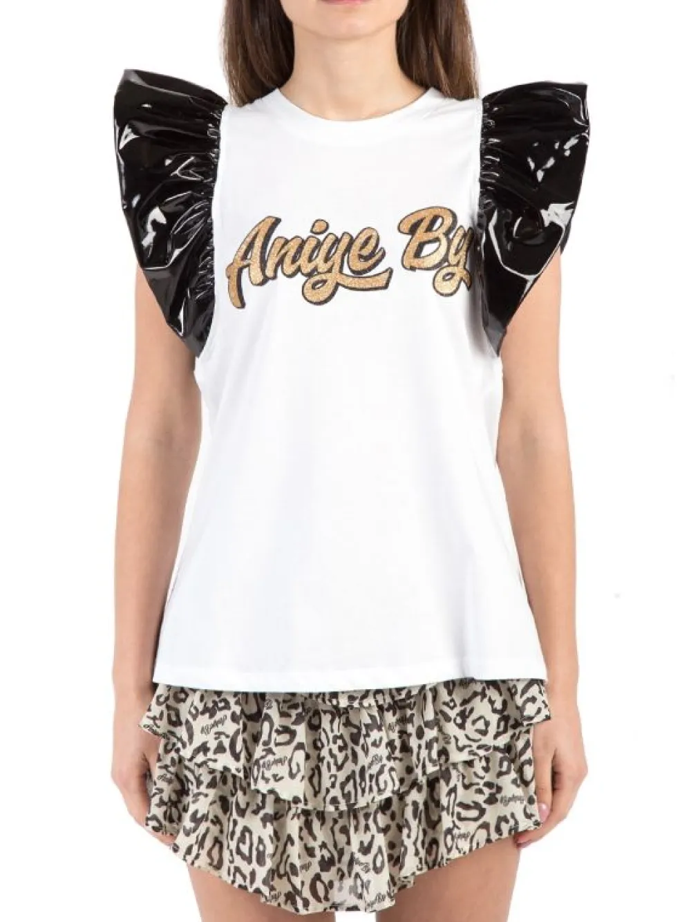 T-SHIRT IN COTONE CON MANICHE CORTE NERE CON VOLANT IN ECOPELLE | ANIYE BY Discount