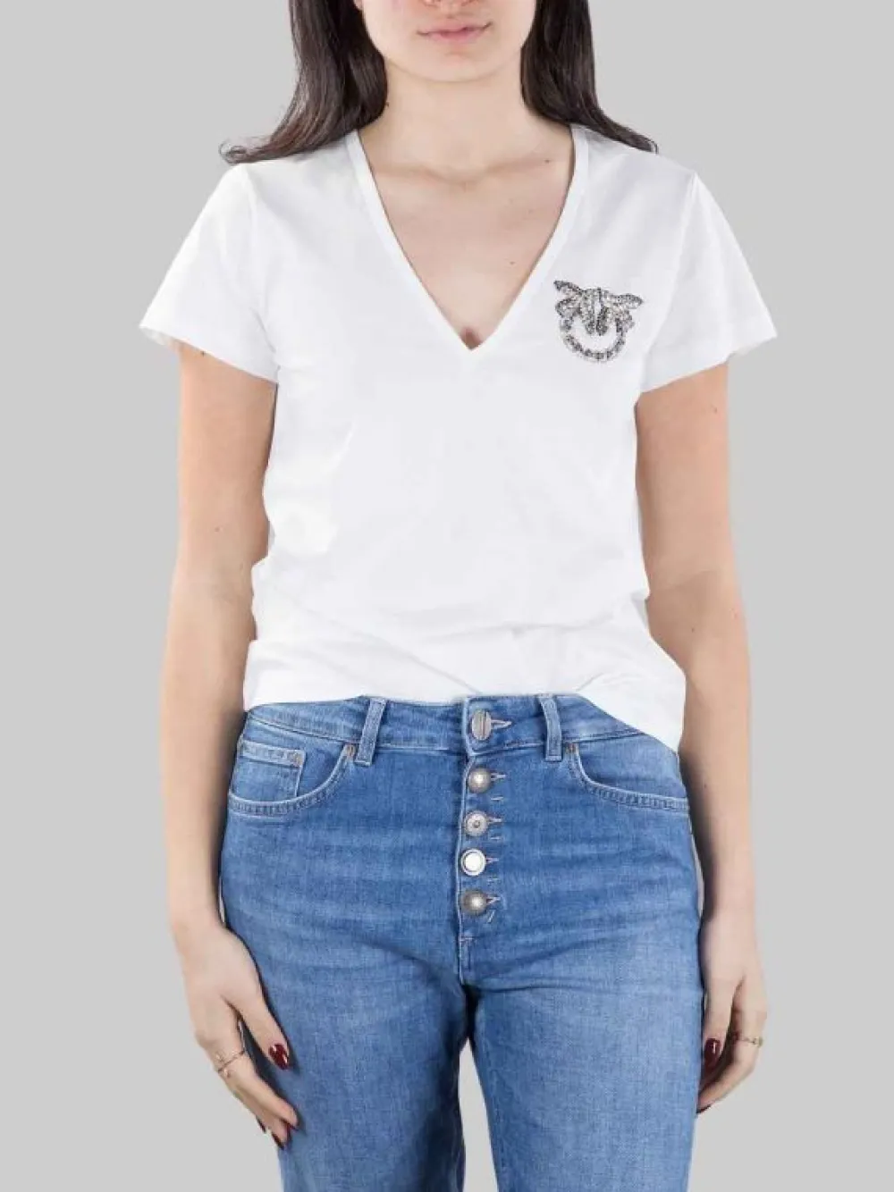 T-SHIRT TURBATO BIANCA CON LOGO IN STRASS E PERLINE | PINKO Outlet