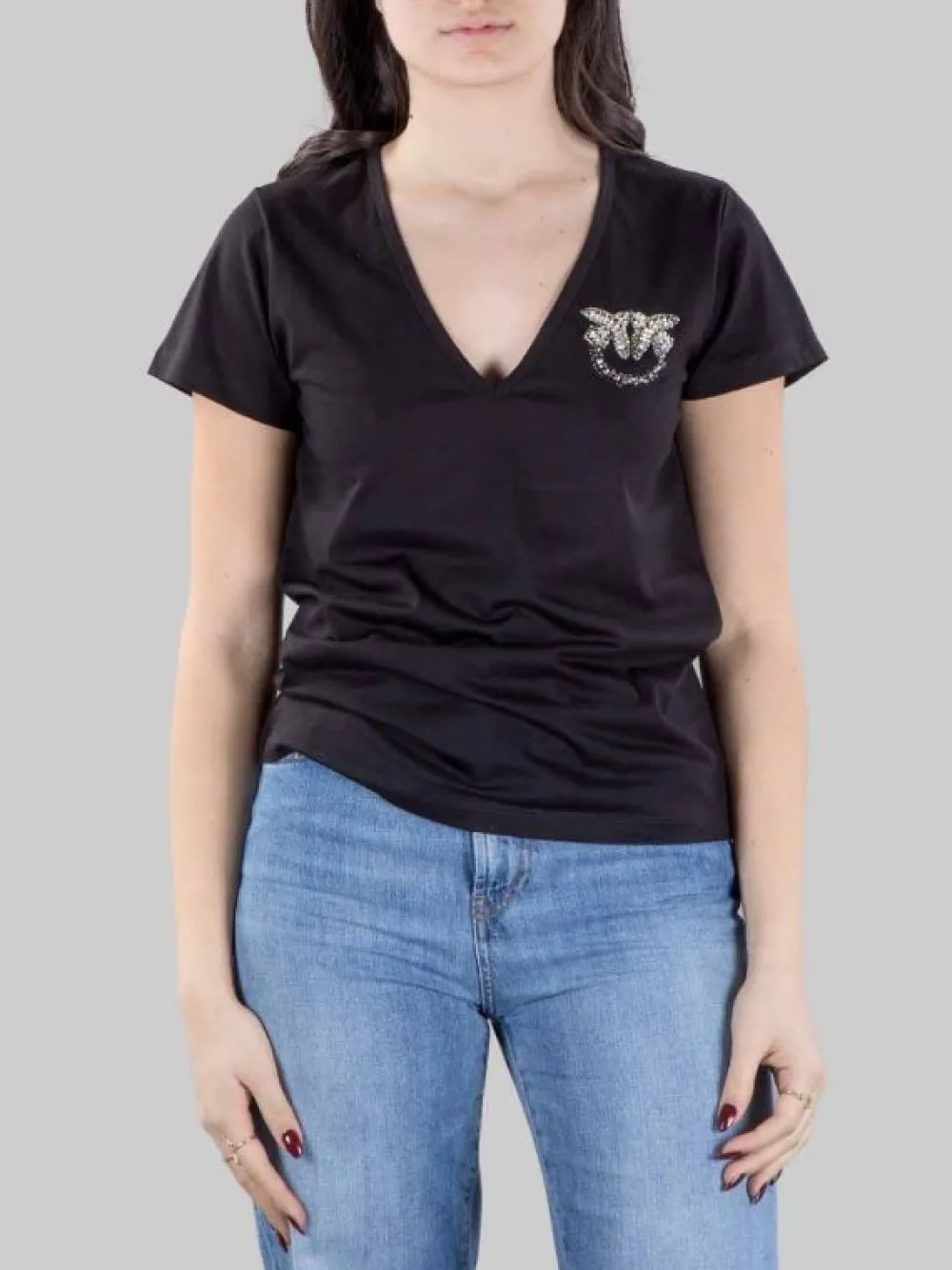 T-SHIRT TURBATO NERA CON LOGO IN STRASS E PERLINE | PINKO Discount